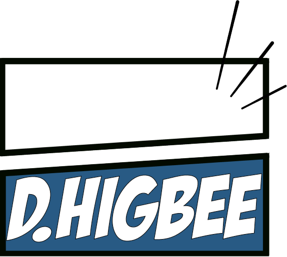 Logo: split comic panels with breath lines; white on top, blue on bottom with the words D.Higbee